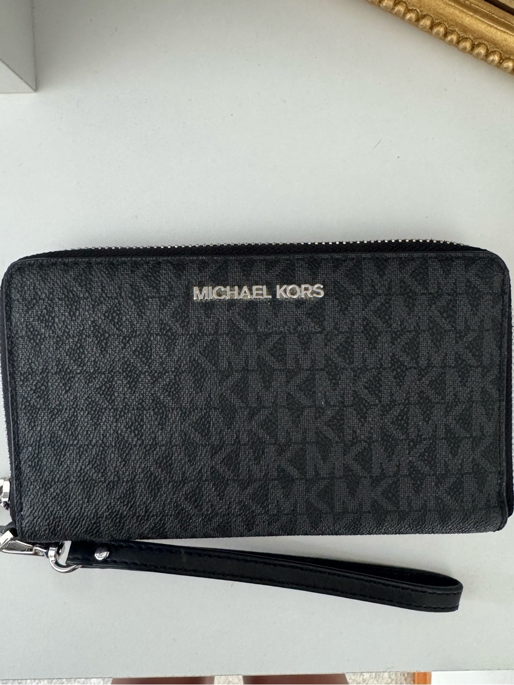 Michael Kors Black Monogram Zip Wristlet Wallet with Strap